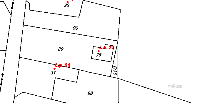 Hrádek 22, Srch na parcele st. 76 v KÚ Hrádek u Pardubic, Katastrální mapa