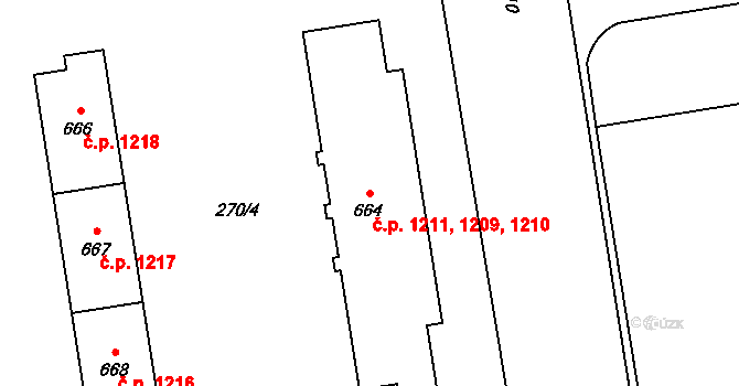 Hrabůvka 1209,1210,1211, Ostrava na parcele st. 664 v KÚ Hrabůvka, Katastrální mapa