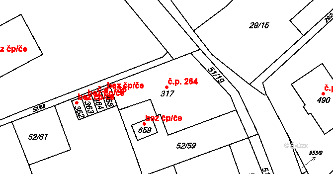 Nedvědice 264 na parcele st. 317 v KÚ Nedvědice pod Pernštejnem, Katastrální mapa
