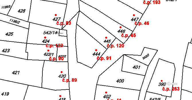 Milešovice 91 na parcele st. 444 v KÚ Milešovice, Katastrální mapa