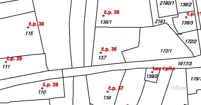 Malenovice 36, Zlín na parcele st. 137 v KÚ Malenovice u Zlína, Katastrální mapa