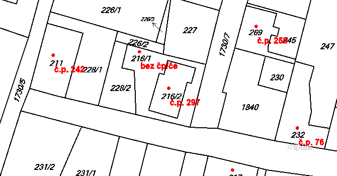 Jiřetín pod Jedlovou 297 na parcele st. 216/2 v KÚ Jiřetín pod Jedlovou, Katastrální mapa