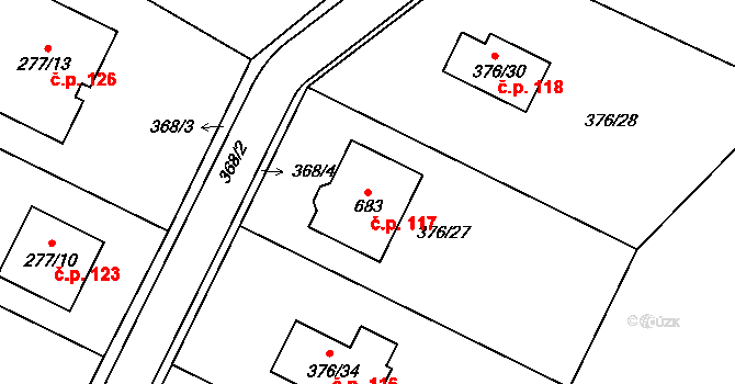 Písek 117 na parcele st. 683 v KÚ Písek u Chlumce nad Cidlinou, Katastrální mapa