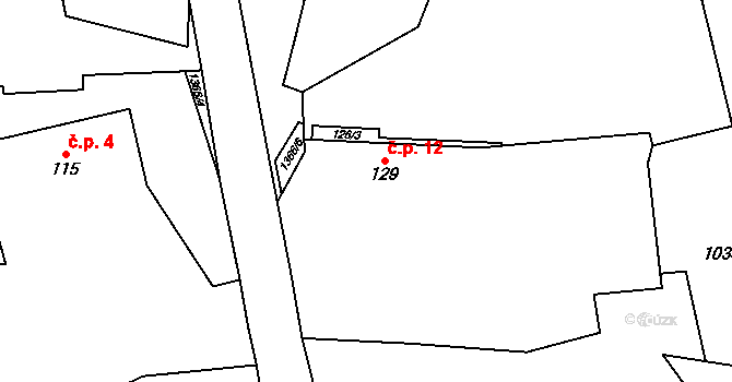 Dachov 12, Miřetice na parcele st. 129 v KÚ Miřetice u Nasavrk, Katastrální mapa