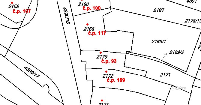 Choceňské Předměstí 93, Vysoké Mýto na parcele st. 2170 v KÚ Vysoké Mýto, Katastrální mapa