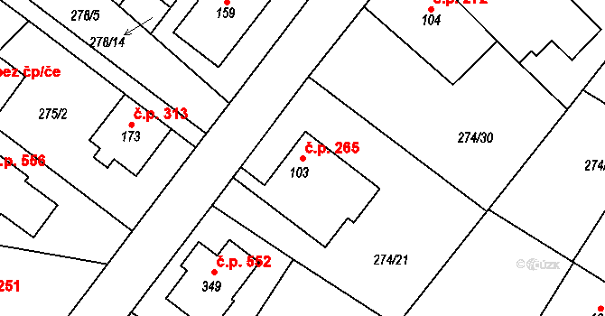 Tuchoměřice 265 na parcele st. 103 v KÚ Kněžívka, Katastrální mapa