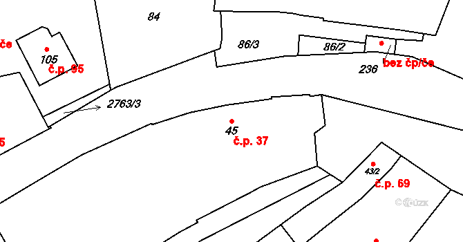 Řípec 37 na parcele st. 45 v KÚ Řípec, Katastrální mapa