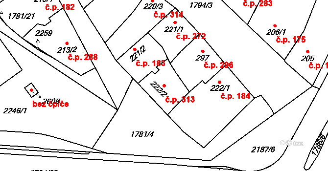 Přelouč 313 na parcele st. 222/2 v KÚ Přelouč, Katastrální mapa