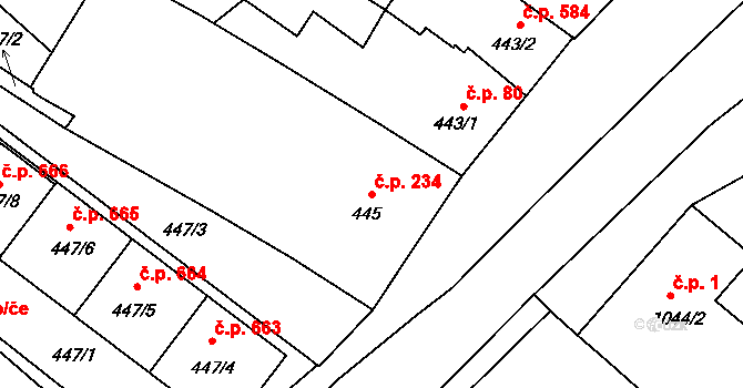 Jedovnice 234 na parcele st. 445 v KÚ Jedovnice, Katastrální mapa