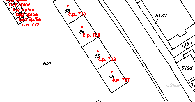Kopřivnice 708 na parcele st. 55 v KÚ Kopřivnice, Katastrální mapa