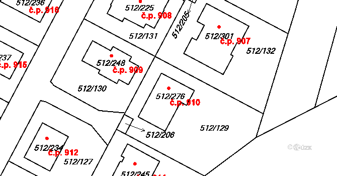 Srubec 910 na parcele st. 512/276 v KÚ Srubec, Katastrální mapa
