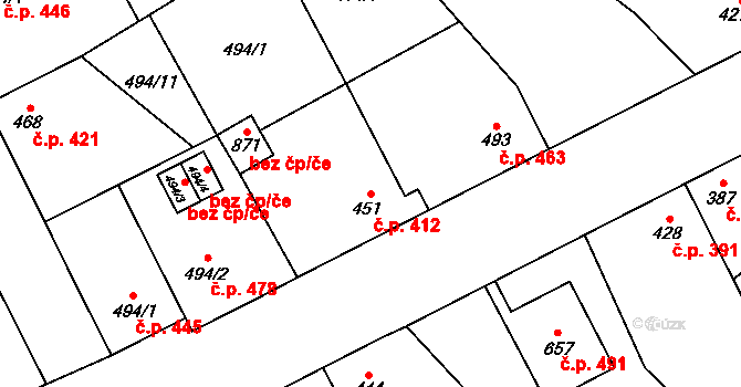 Kryry 412 na parcele st. 451 v KÚ Kryry, Katastrální mapa