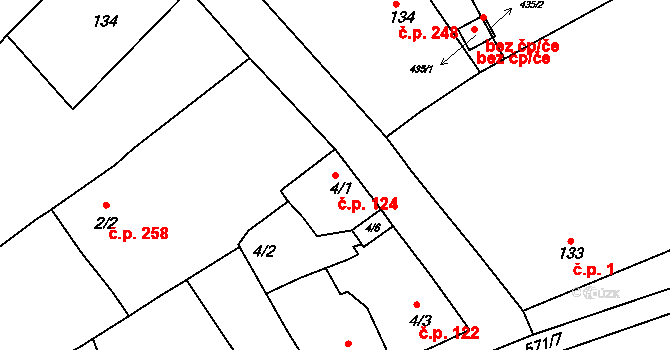 Hrubčice 124 na parcele st. 4/1 v KÚ Hrubčice, Katastrální mapa