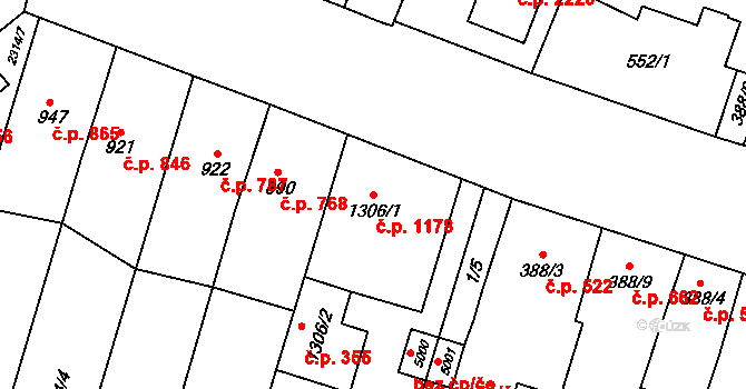 Hranice I-Město 1178, Hranice na parcele st. 1306/1 v KÚ Hranice, Katastrální mapa