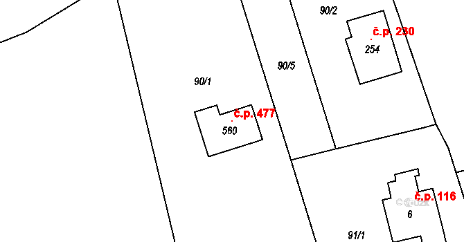 Dobratice 477 na parcele st. 560 v KÚ Dobratice, Katastrální mapa