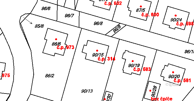 Lyžbice 314, Třinec na parcele st. 90/15 v KÚ Lyžbice, Katastrální mapa