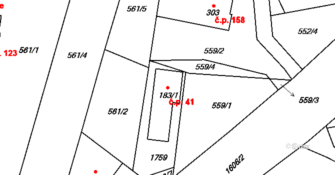 Rychaltice 41, Hukvaldy na parcele st. 183/1 v KÚ Rychaltice, Katastrální mapa