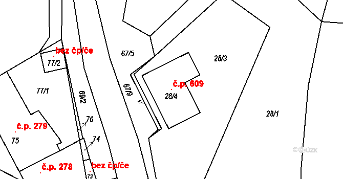 Jarošov 609, Uherské Hradiště na parcele st. 28/4 v KÚ Jarošov u Uherského Hradiště, Katastrální mapa