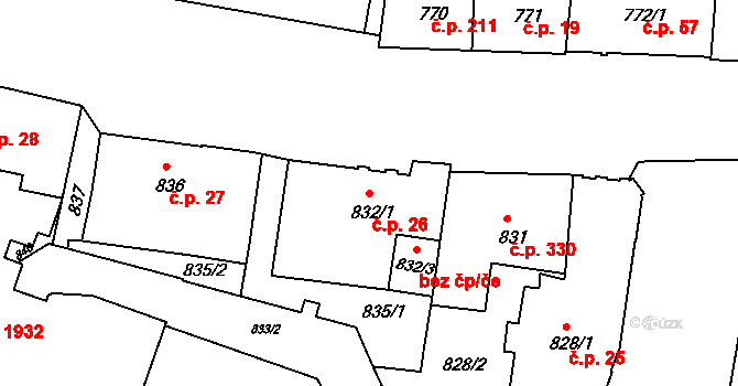 Děčín IV-Podmokly 26, Děčín na parcele st. 832/1 v KÚ Podmokly, Katastrální mapa