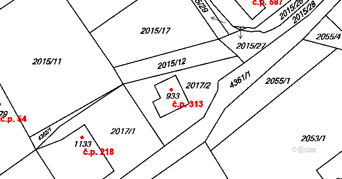 Ostravice 313 na parcele st. 933 v KÚ Ostravice 1, Katastrální mapa