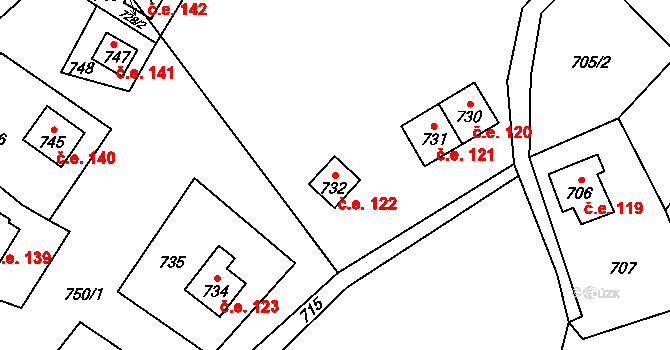 Hrubá Voda 122, Hlubočky na parcele st. 732 v KÚ Hrubá Voda, Katastrální mapa
