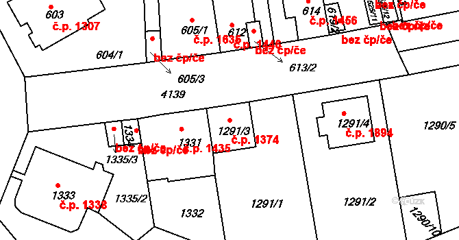 Roudnice nad Labem 1374 na parcele st. 1291/3 v KÚ Roudnice nad Labem, Katastrální mapa