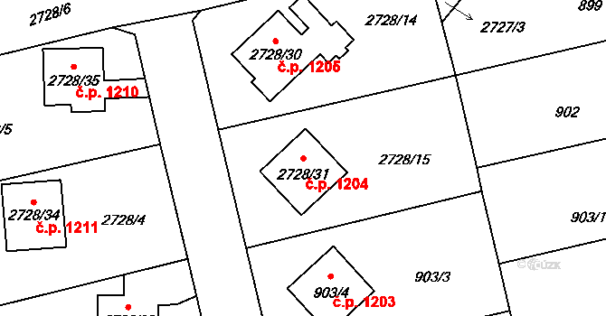 Pelhřimov 1204 na parcele st. 2728/31 v KÚ Pelhřimov, Katastrální mapa