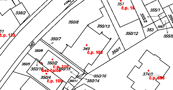 Jablunkov 108 na parcele st. 349 v KÚ Jablunkov, Katastrální mapa
