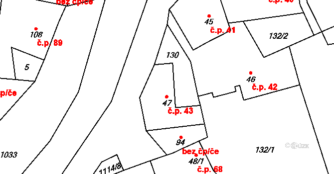 Želízy 43 na parcele st. 47 v KÚ Želízy, Katastrální mapa