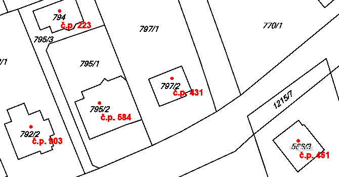 Nebušice 431, Praha na parcele st. 797/2 v KÚ Nebušice, Katastrální mapa