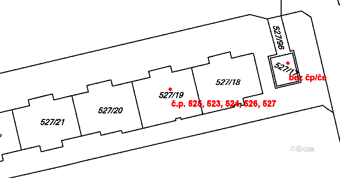 Střížkov 523,524,525,526,527, Praha na parcele st. 527/19 v KÚ Střížkov, Katastrální mapa