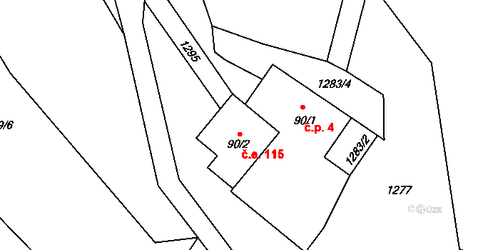 Křenov 115, Dubá na parcele st. 90/2 v KÚ Nedamov, Katastrální mapa