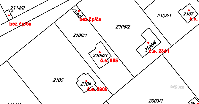 Bolevec 985, Plzeň na parcele st. 2106/3 v KÚ Bolevec, Katastrální mapa