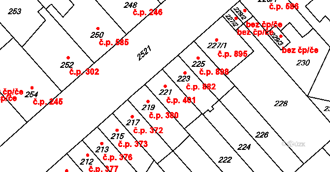 Doubravka 401, Plzeň na parcele st. 221 v KÚ Doubravka, Katastrální mapa