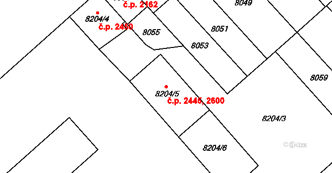 Jižní Předměstí 2445,2600, Plzeň na parcele st. 8204/6 v KÚ Plzeň, Katastrální mapa