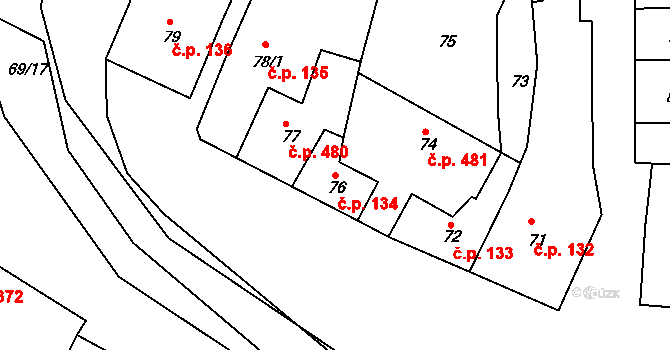 Dolní Kounice 134 na parcele st. 76 v KÚ Dolní Kounice, Katastrální mapa