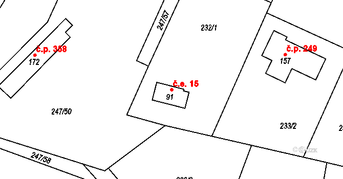 Tuchoměřice 15 na parcele st. 91 v KÚ Kněžívka, Katastrální mapa