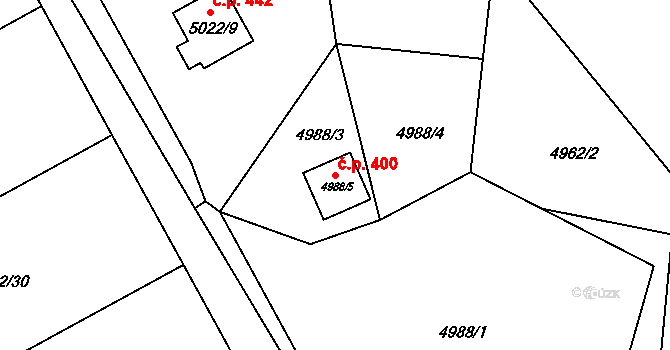 Lískovec 400, Frýdek-Místek na parcele st. 4988/5 v KÚ Lískovec u Frýdku-Místku, Katastrální mapa