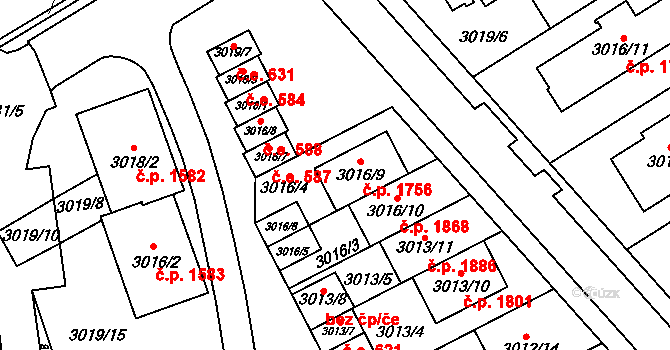 Šlapanice 1756 na parcele st. 3016/9 v KÚ Šlapanice u Brna, Katastrální mapa