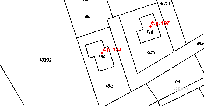 Černolice 173 na parcele st. 664 v KÚ Černolice, Katastrální mapa
