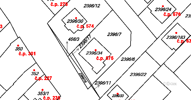 Hrušky 575 na parcele st. 2396/34 v KÚ Hrušky, Katastrální mapa