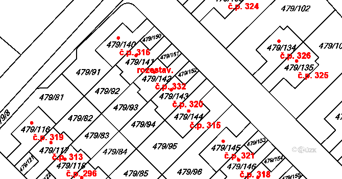 Třeboradice 320, Praha na parcele st. 479/143 v KÚ Třeboradice, Katastrální mapa