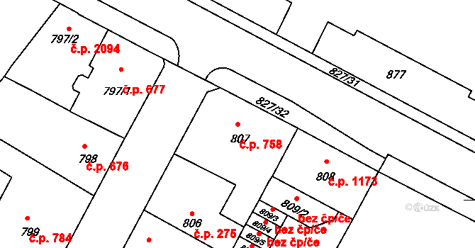 Předměstí 758, Litoměřice na parcele st. 807 v KÚ Litoměřice, Katastrální mapa