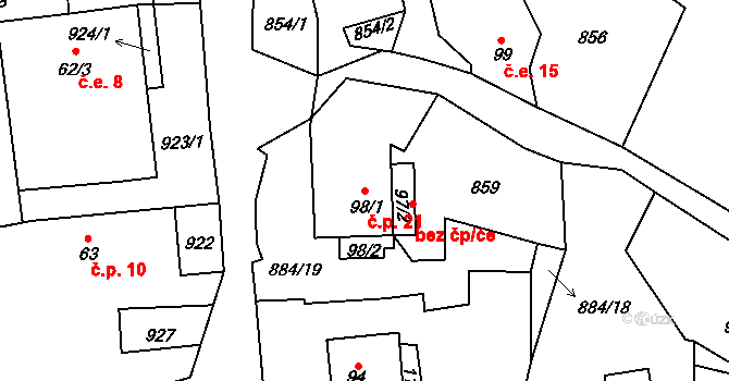 Třebín 21, Úštěk na parcele st. 98/1 v KÚ Brusov, Katastrální mapa