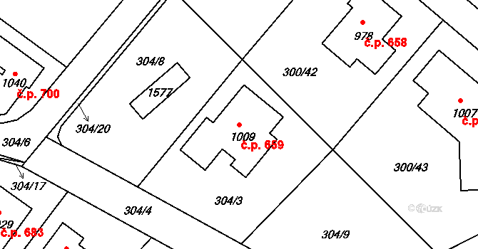 Kudlov 659, Zlín na parcele st. 1009 v KÚ Kudlov, Katastrální mapa