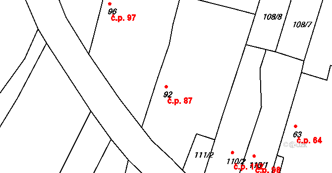 Borkovice 87 na parcele st. 92 v KÚ Borkovice, Katastrální mapa