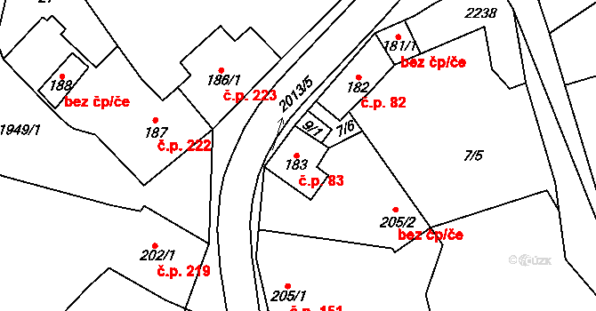 Všeruby 83 na parcele st. 183 v KÚ Všeruby u Plzně, Katastrální mapa