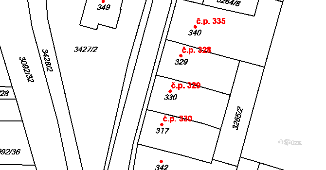 Lysice 329 na parcele st. 330 v KÚ Lysice, Katastrální mapa