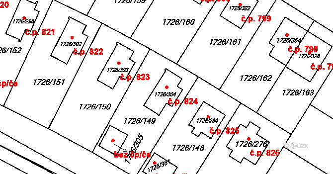 Hrušovany u Brna 824 na parcele st. 1726/304 v KÚ Hrušovany u Brna, Katastrální mapa