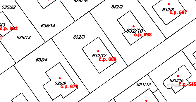 Jirny 669 na parcele st. 632/12 v KÚ Jirny, Katastrální mapa